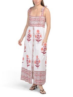 BINDU Hand Blocked Cotton Pink Multi Floral Maxi Dress with Border Print